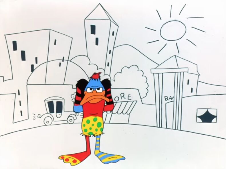 Daffy Duck from Duck Amuck (1953), erased and redrawn by an unseen animator, captures the illusion of a winning ad as a static truth.