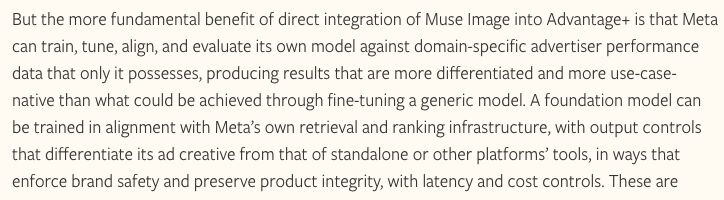 Eric Seufert on Meta's direct integration of Muse Image into Advantage+, highlighting domain-specific advertiser performance data as the real differentiator.